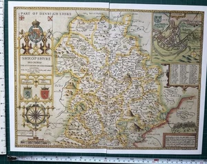 Old Antique Tudor map Shropshire, Shrewsbury England Speed 1600's Reprint - Picture 1 of 16