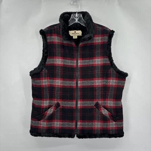 Woolrich Vest Womens Large Red Black Plaid Wool Faux Fur Lined Zip Front Pockets - Picture 1 of 13