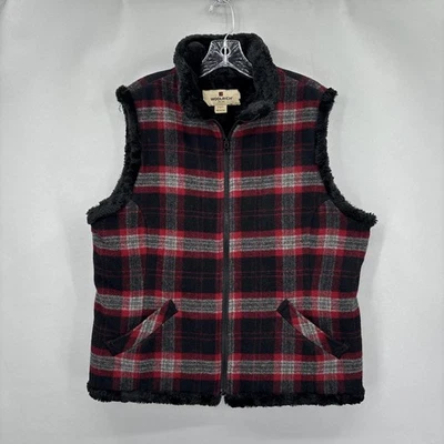 Woolrich Vest Womens Large Red Black Plaid Wool Faux Fur Lined Zip Front Pockets - Image 1 of 4