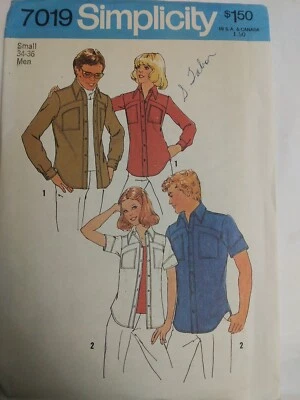 Shirt Jacket MENS S Simplicity 7019 Sewing Pattern 70's UC FF Long Short Sleeve - Image 1 of 4