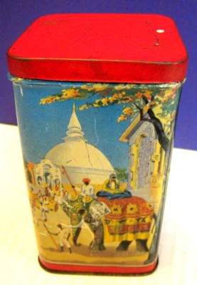 Lata de té Lipton de 1940 Ceilán serigrafía elefante templo escenas bonita pátina Foto 1 de 4