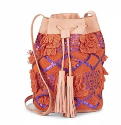 Antik Batik Sequin Drawstring Bucket Bag W/ Leather Trim Handbag NEW Z497-13 - Image 1 of 4
