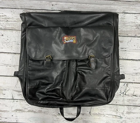 VTG NBA Philadelphia 76ers Logo Black Leather Carry On Garment Suit Bag W/Straps Cover