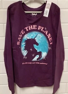 Girls Youth Long Sleeve Unicorn Graphic T Shirt Sz 10/12 Purple Plum Glitter Lg - Picture 1 of 8