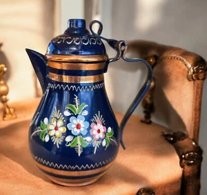 VTG Enamel Copper Miniature Coffee Teapot Country Flowers 10cm - Bild 1 von 4