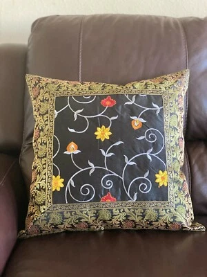 Black Pillow cover/ Case, Silk, Brocade 18 Inch, Embroidery, Black and Gold,Boho - Image 1 of 4