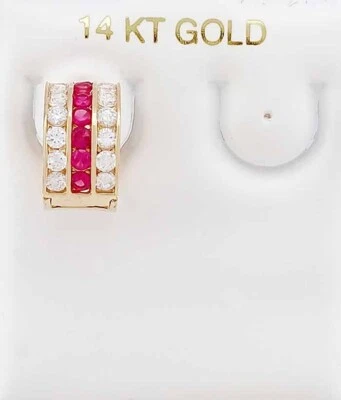 LAB CREATED  RUBY & WHITE SAPPHIRE Single HUGGIE EARRING 14K GOLD - New With Tag - Image 1 of 4