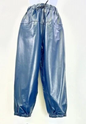 Calça jogger feminina azul couro de cordeiro genuíno tornozelo/capri comprimento P-L 34"" - Imagem 1 de 4