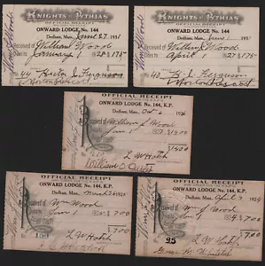 Lote de 5 1924-1931 Caballeros de Pitias Logia Adelante 144 Recibos OPC - Imagen 1 de 2