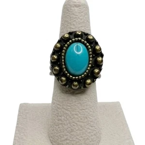 Faux Turquoise Oval Cabochon Antique Gold Tone Ring Size 6 Southwestern Native - Picture 1 of 9