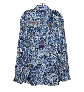 Alan Flusser Shirt Mens XXL Blue Paisley Linen Blend Button Up Floral Flip Cuffs - Picture 1 of 15