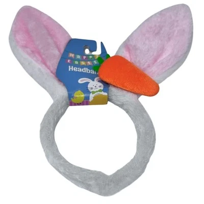 Pink Plush Easter Bunny Ears Headband with Carrot Accent, Adult/Child Size - Image 1 of 3