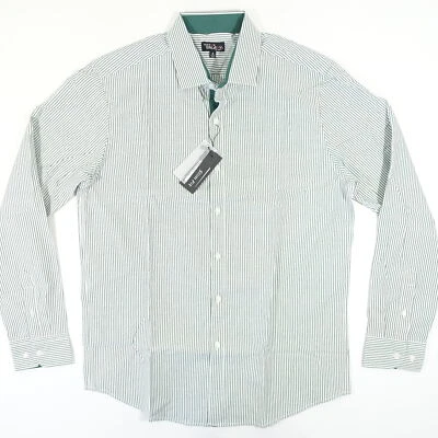 GALAXY BY HARVIC STRIPED GREEN SMALL STRETCH SLIM FIT BUTTON FRONT SHIRT MENS  - Image 1 of 4