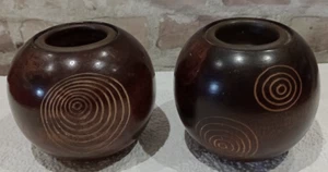 Paar Vintage Mangoholz Teelicht Kerzenhalter geschnitzt Kugel Wirbel Windlicht 100 mm - Bild 1 von 9