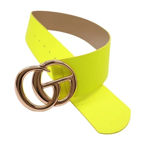 Women Neon Yellow Wide Faux Leather Statement Belt Gold Metal Circle Buckle S M - Picture 1 of 22