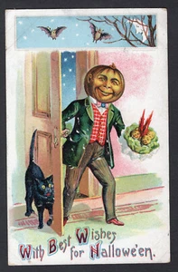 Postal de Halloween, Cabeza de Calabaza, Hombre con Traje, Sombrero Negro, Murciélagos, Gottschalk 914-3 - Imagen 1 de 2