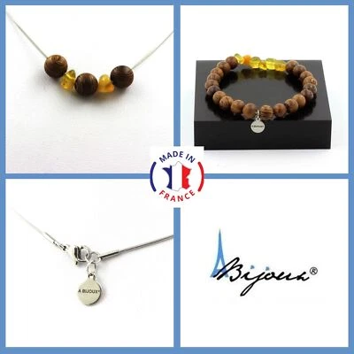 Conjunto de Joyas Pulsera Collar Perlas Madera 8 Mm + Ópalo Amarillo Tamaño Personalizado Foto 1 de 4