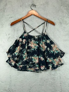 Boho Crop Top Tiered Womens XS Blue Floral Flowy Chiffon Blouse Ruffle Sleeveles - Picture 1 of 5