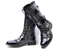 Mens Retro Military Combat Patent Leather Lace Up Buckle Motorcycle PUNK Boots