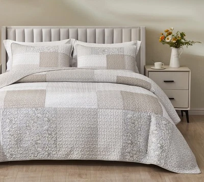 Chezmoi Collection Quinn 2-Piece Neutral Taupe Gray White Floral Hibiscus Flo... - Image 1 of 4