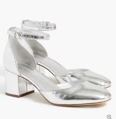 J.Crew 7 tacones medianos metálicos bloque con correa para el tobillo en plata nuevos en caja Foto 1 de 4