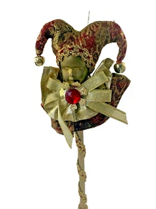 Collectible Jester Scepter Ornament Wooden Face Gold Red Bells Vintage Holiday - Picture 1 of 13