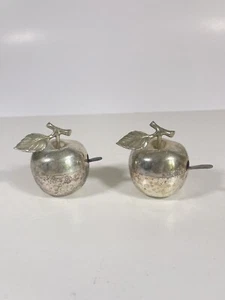 Set Of 2 VINTAGE Silver Plate Apple Spice or Sugar w/ Spoon, Lidded, 2” Tall - Picture 1 of 7