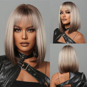 Fashion Ombre Brown Gray Bob Wigs Short Straight Wigs with bangs Synthetic Wigs 