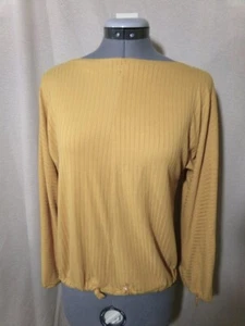 Ribbed knit Mustard stretch fit Boat neck T-shirt Top S long slv Elastic waist - Picture 1 of 4