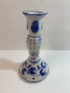 Blue & White Ceramic Candlestick Candle Holder Floral Pattern 8.3"H - Picture 1 of 6