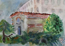 Vintage impressionist landscape watercolor painting monastery signed