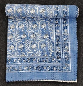 Indian Hand Block Print King Size Cotton Kantha Quilt Throw Blanket Bedspread - Picture 1 of 4