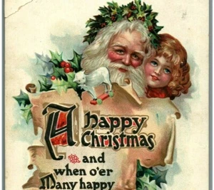 Happy Santa Little Girl Antique Tuck Christmas Paper Scroll Toy Postcard 5745 - Picture 1 of 3