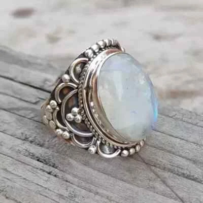 Rainbow Moonstone 925 Sterling Silver Handmade Statement  Ring All Size R224 - Image 1 of 3