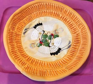 Vintage Silk Satin Pillow Cover Round Oriental Chinese Yellow & White Birds - Picture 1 of 4