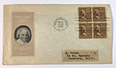 Washington DC First Lady of The Land Martha Washington FDC May 5 1938 1 1/2 Cent - Image 1 of 4