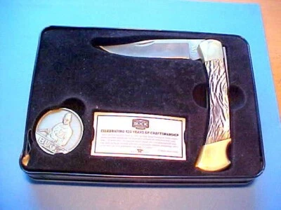 CUSTOM BUCK 110 KNIFE 120th ANNIVERSARY BUFFALO HORN HANDLE TIN COIN SHEATH - Image 1 of 4