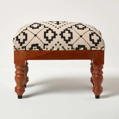 Geometric Footstool on Solid Wood Legs Ottoman Style Upholstered Footrest - Image 1 of 4