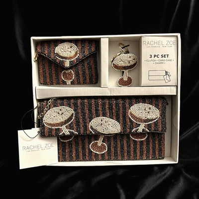 Nuevo lanzamiento Rachel Zoe Juego de 3 piezas Cuentas Espresso Martini Bolso sin asas Estuche para tarjetas Dije Foto 1 de 4
