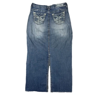 Falda midi de mezclilla hidráulica Y2K de colección puntada envejecida abertura trasera azul Jean talla 1/2 Foto 1 de 4