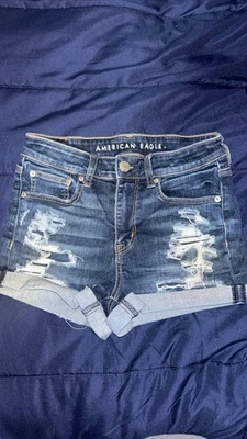 American Eagle Outfitters Women's Blue Denim Shorts Stretch Ripped Size 4 - Image 1 of 4