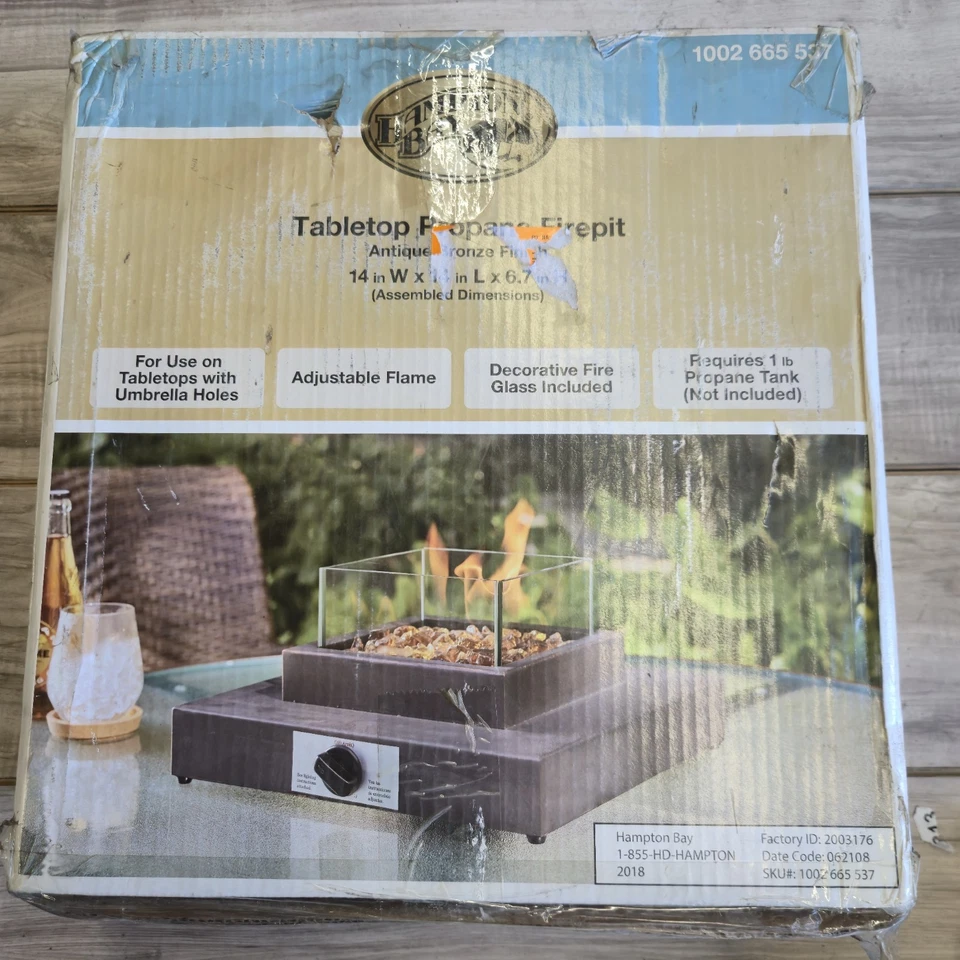 Hampton Bay 14" x 14" x 6.7" 8000 BTU Mesa Cuadrada de Acero Propano Fogata Bronce Foto 1 de 4