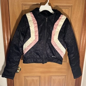 Vintage Guess Puffer Coat Detachable Hood Black Pink Cream Color Block Size M - Picture 1 of 10