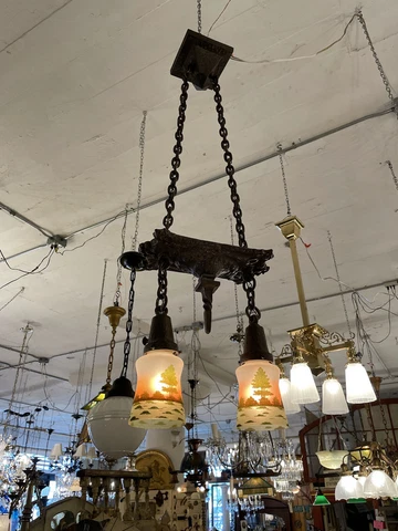Antique Hand Hammered Arts & Crafts Two Light Ceiling Light Hand Painted Shades Cover