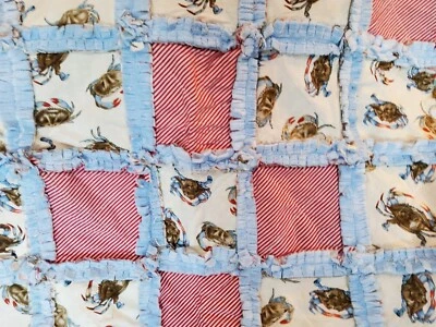 Ocean Theme - Edredón de trapo tamaño regazo suave hecho a mano cangrejos y rayas azules 36x37" nuevo Foto 1 de 3