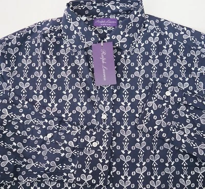 $495 🆕RALPH LAUREN PURPLE LABEL TENNIS RACQUET Print 100% Cotton Dress Shirt 17 - Image 1 of 4