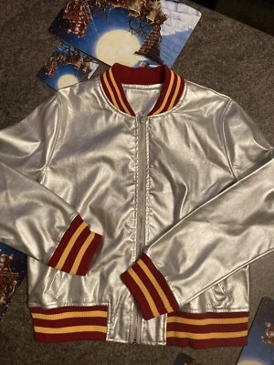 Size 8 10 12 Silver Bomber Jacket PVC zipper Knitted Hem Cuff ABBA 1970’s - Image 1 of 4