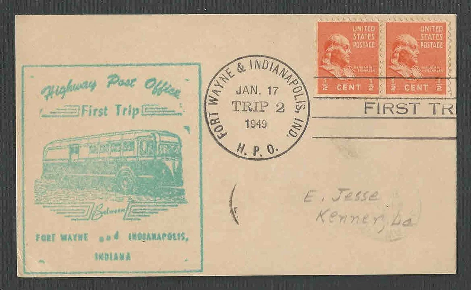 1949 PC #803 PREXY 1/2c PAIR = 1c ON H.P.O. FIRST TRIP BACKSTAMPED - Image 1 of 1