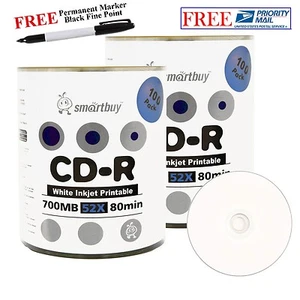 200 Smartbuy 52X CD-R 700 MB disco imprimible por inyección de tinta blanco + marcador permanente negro - Imagen 1 de 4