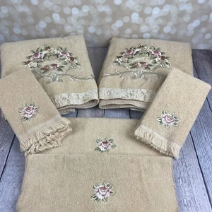 Avanti®️Leinen 6-tlg Deko Bad Hand & Wasch Handtuch Set Beige Bestickt Rose - Bild 1 von 10